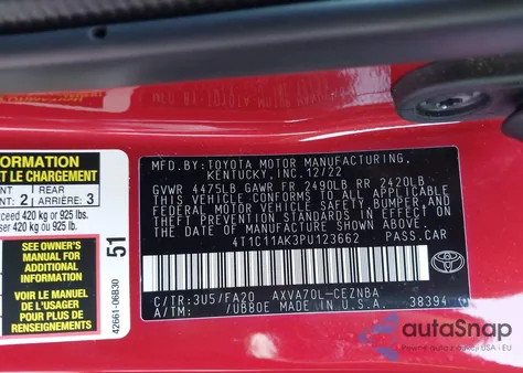 2023 Toyota Camry Le z USA, uszkodzony, nr VIN 4T1C11AK3PU123662